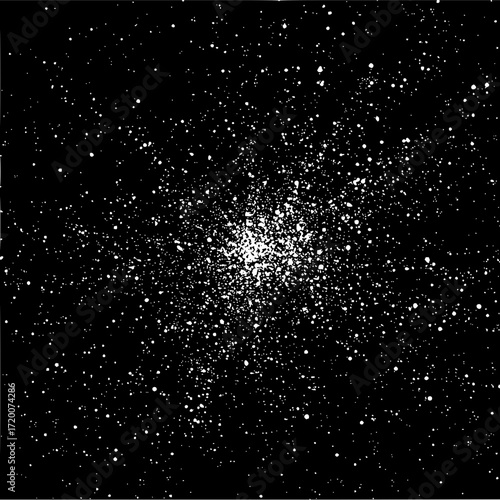 Dense cluster of white dots scattered across a black background resembling a starfield or galaxy 100