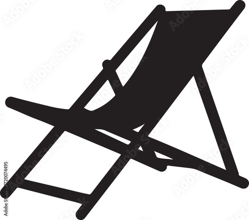 Black silhouette of a folding deck chair on a white background Keywords: deck chair, beach chair, lounge