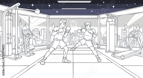 Line art illustration of two men boxing in a modern gym. Dynamic training session with fitness equipment, symbolizing strength, discipline, and active lifestyle