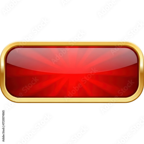 Shiny red rectangular button with golden border gleaming vividly on a dark canvas isolated on transparent background