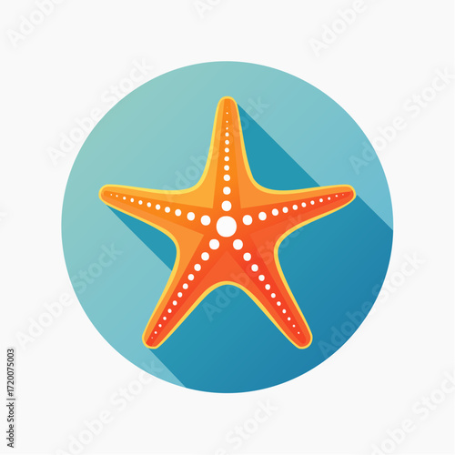Vibrant orange starfish icon in a modern flat design style, featuring a long shadow on a teal circular background, symbolizing marine life and the ocean