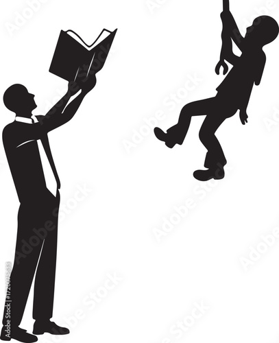 Silhouette of a Man in a Suit Reading a Book with a Falling Figure in the Air on White Background