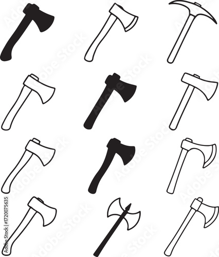 Collection of axe and pickaxe icons in black and white outline and silhouette hatchet tool