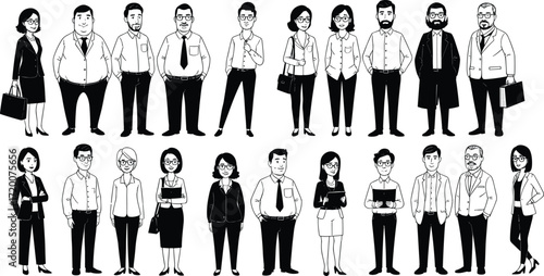 Business people, professional attire, office workers, suits, dresses, diversity, workplace illustration, corporate team, cartoon vector, standing poses, character design, artwork