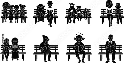 Cartoon characters reading books, animals reading illustration, people reading together, education concept drawing, black white line art, learning diversity, storytelling