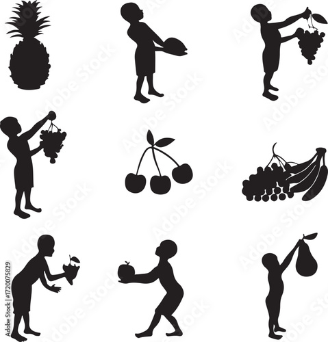 Silhouettes of Children Interacting with Various Fruits and a Pineapple on a White Background girl