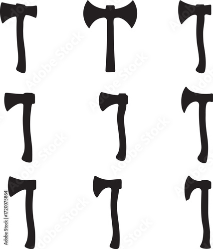Collection of nine black axe silhouettes on white background Keywords: axe, hatchet, tool, weapon, chopping