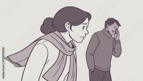 Artistic Vector of Woman in Symbolic Knot with Man Whispering Behind Her, Emotional Storytelling 