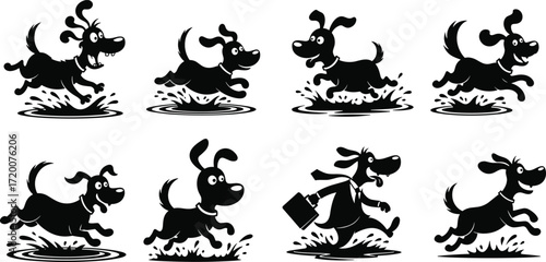 Cartoon dog running water, playful dog motion, splashing puddles sequence, briefcase tie dog, black white drawing, humorous illustration