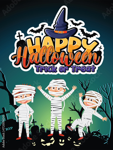 Happy Halloween Trick or Treat illustration with kids in mummy costumes at graveyard vector illustration