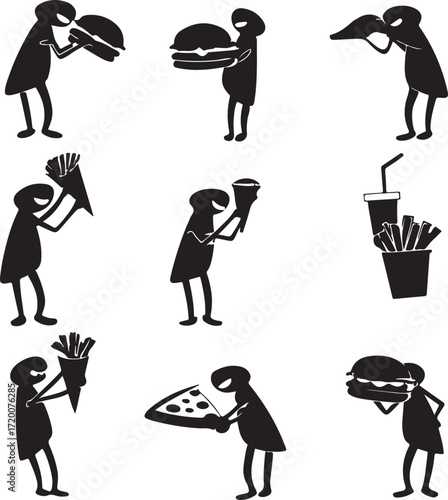 Silhouettes of People Holding and Eating Fast Food Items on a White Background Keywords: silhouette, people, fast food, burger, hamburger, fries, french fries, pizza, soda, drink, unhealthy eating