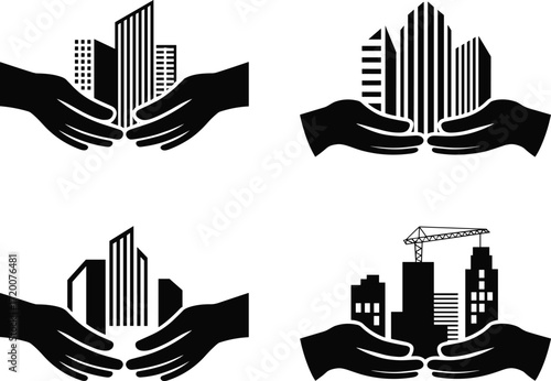 A conceptual icon set of hands holding a city, this vector collection symbolizes real estate, construction, property development, and urban investment