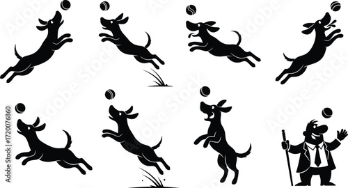 Dog silhouettes, cartoon dogs, jumping for ball, playful motion, chasing sequence, funny artwork, suited character, cane gesture, vector design, creative illustration