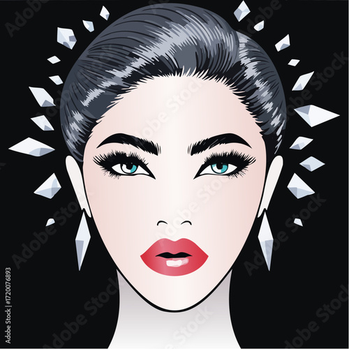 hyper-realistic black woman's portrait with ruby eyes & platinum braids surrounded by cascading crystalline shards – premium svg vector for greeting cards & gift wrap