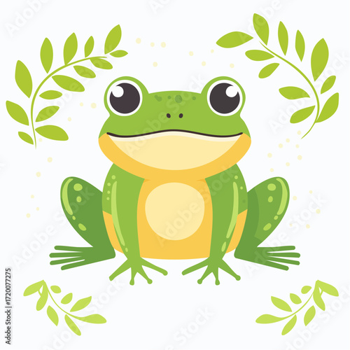 Cute green frog illustration surrounded by delicate leaves and a soft bokeh background, perfect for children's books and nature-themed designs