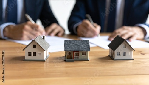 Real estate deal signing with miniature houses, property investment concept, home buying agreement, mortgage loan application, financial planning