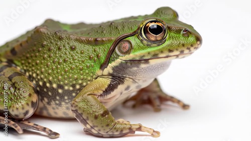 Close-up of a vibrant green frog with speckled patterns