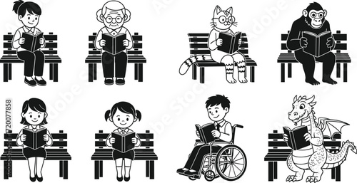 Reading characters, cartoon illustration, diverse readers, cat with glasses, gorilla, dragon, wheelchair boy, elderly person, children reading, inclusive artwork, vector design