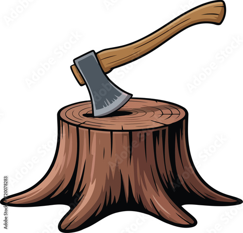 Woodcutting Axe Embedded in a Tree Stump Vector Illustration