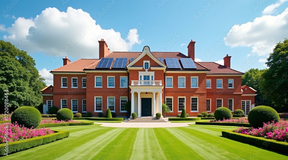 Fototapeta premium A large, elegant brick mansion with solar panels, surrounded by a beautifully manicured garden.