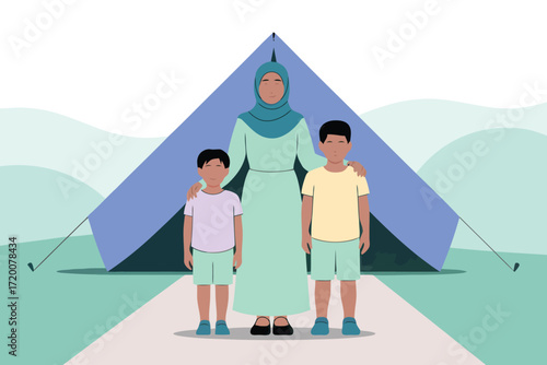 Refugee Mother with Children Standing Together at a Camp Tent