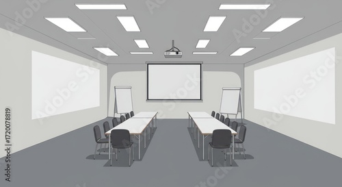 Empty conference room with screen projector and whiteboards