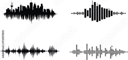 A conceptual icon set merging a city skyline with audio waveforms, this vector graphic collection symbolizes urban music, nightlife, radio, and sound