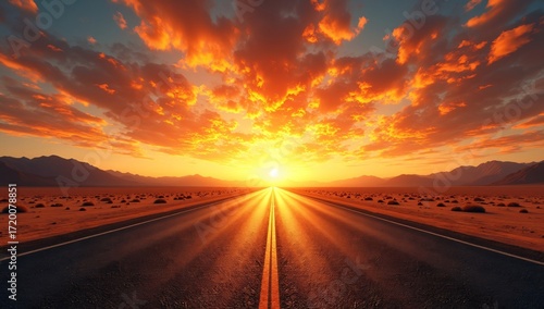 A desert road under a vibrant sunset with orange skies and distant mountains.