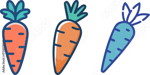  cartoon carrots with varying colors and styles against a white background