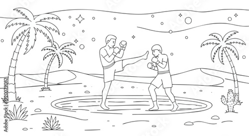 Dynamic Muay Thai Kickboxing Desert Oasis Illustration. Two martial artists spar amidst tropical palm trees and minimalist sandy landscape, capturing intense action