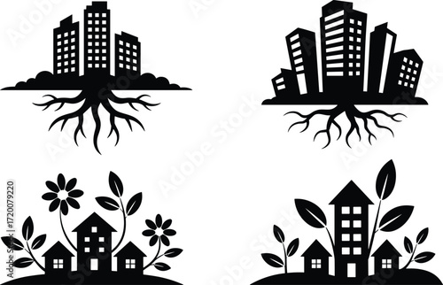 A conceptual icon set for real estate and community, this vector collection uses city roots and green homes to symbolize stability and sustainability