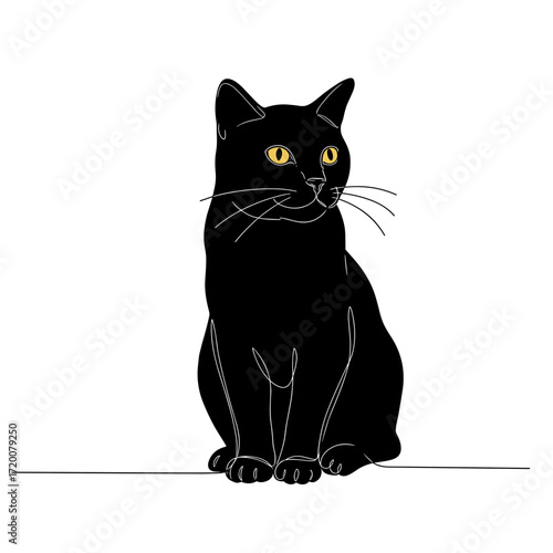 Black cat sitting with striking yellow eyes on a white background  