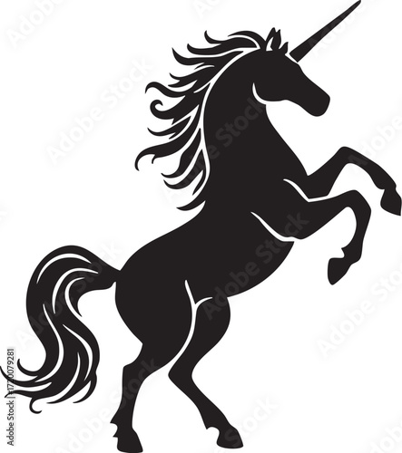 Majestic unicorn rearing up on hind legs as a detailed, mythical creature silhouette.