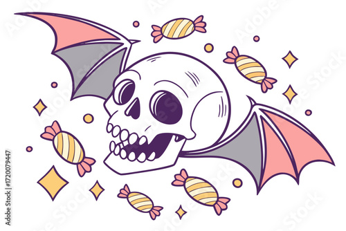 Halloween skull with bat wings and candy, vector background