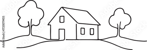 Minimalist Line Art of a House Between Two Trees Keywords: house, home, building, trees, nature, landscape