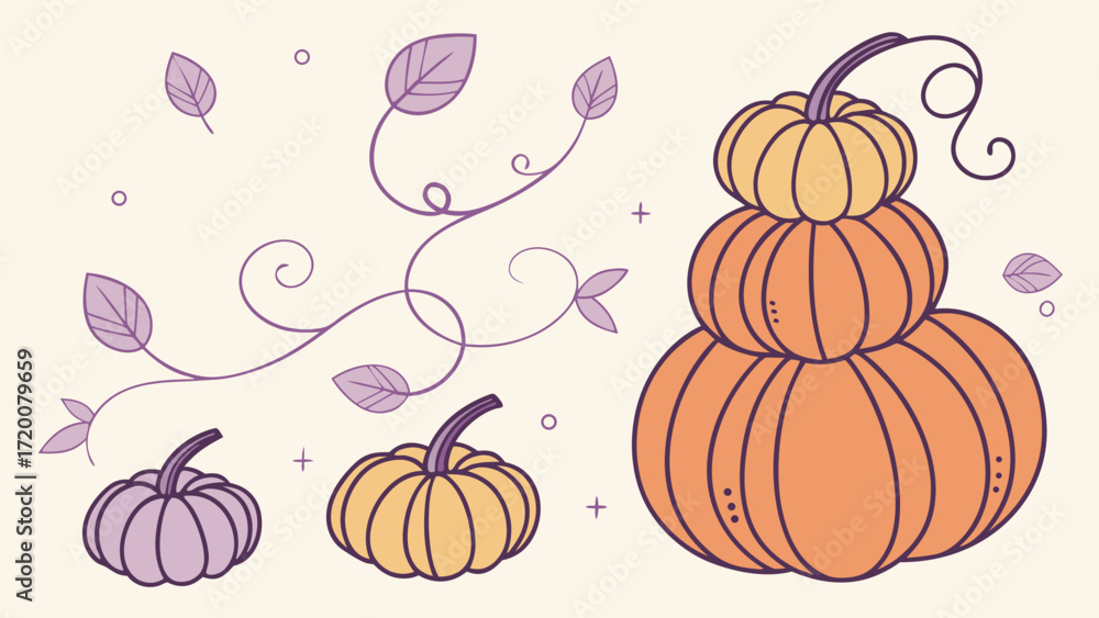 Stacked pumpkins and autumn leaves in a whimsical illustration style vector background