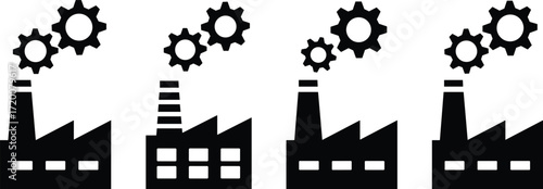 A vector icon set of a factory with gears, this collection of silhouettes symbolizes industry, manufacturing, engineering, and the production process