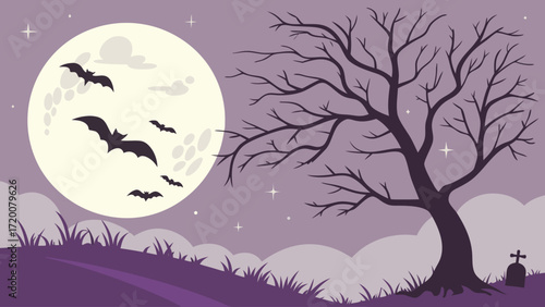 Bats fly in front of a large full moon near a bare tree on a spooky purple hill with a tombstone vector background