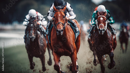 A close-up, low-angle shot captures three racehorses and their jockeys thundering towards viewer, with dirt and grass flying. Motion blur and intense expressions convey speed and excitement of race