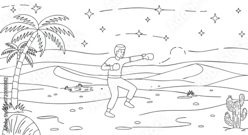 Boxer in Desert Landscape A Black and White Illustration of Strength and Wilderness