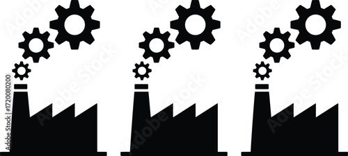 A simple vector icon of a factory with gears, this silhouette symbolizes the industrial process, manufacturing workflow, mechanical engineering, and production