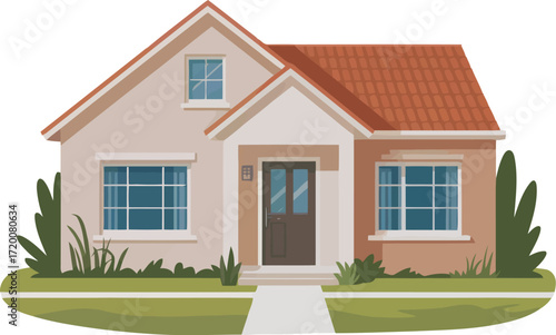 Suburban Family House with Red Roof Vector Illustration