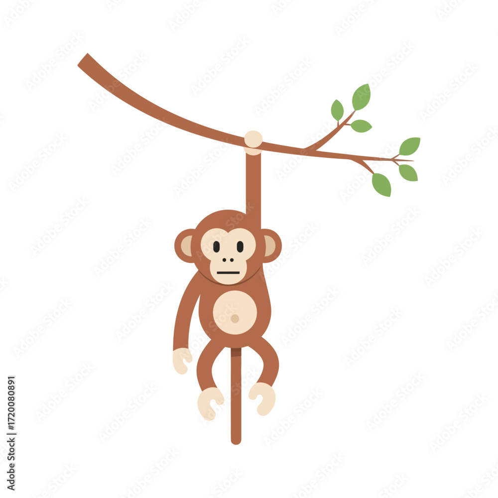 Fototapeta premium Cute cartoon monkey hanging from a tree branch with green leaves. Adorable primate animal character in a simple flat vector style illustration