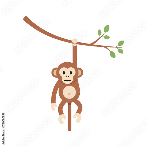 Cute cartoon monkey hanging from a tree branch with green leaves. Adorable primate animal character in a simple flat vector style illustration