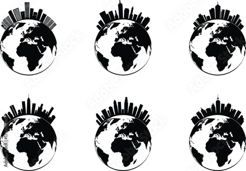 This vector icon collection shows a global megacity crowning planet Earth, a concept symbolizing the corporate world, globalization, and worldwide urban development