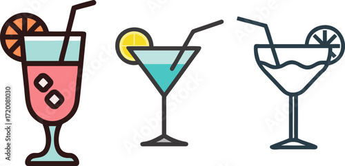 Delicious Cocktails with Tropical Fruits and Fresh Ice Cubes Vector Illustration