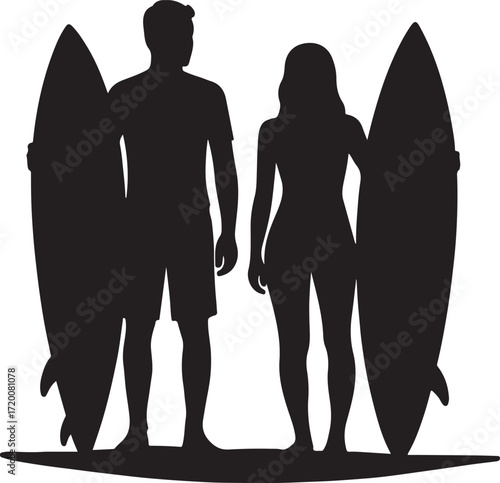 Silhouette couple with surfboards on a sandy surface woman surfing