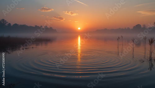 Golden Hour Serenity: A breathtaking vista of a serene lake reflecting the fiery hues of a radiant sunrise, evoking a sense of peace and tranquility.