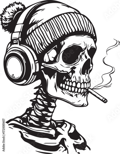 Chill Skull with Beanie and Headphones - Hipster Skeleton Design

