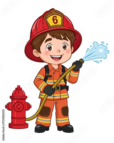 Happy Cartoon Firefighter Boy with Water Hose and Red Hydrant on transparent background. Black Background child isolated on a transparent background